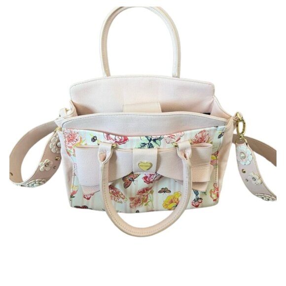 BETSEY JOHNSON SATCHEL TRIPLE COMPT PINK FLORAL BLUSH - Picture 1 of 7